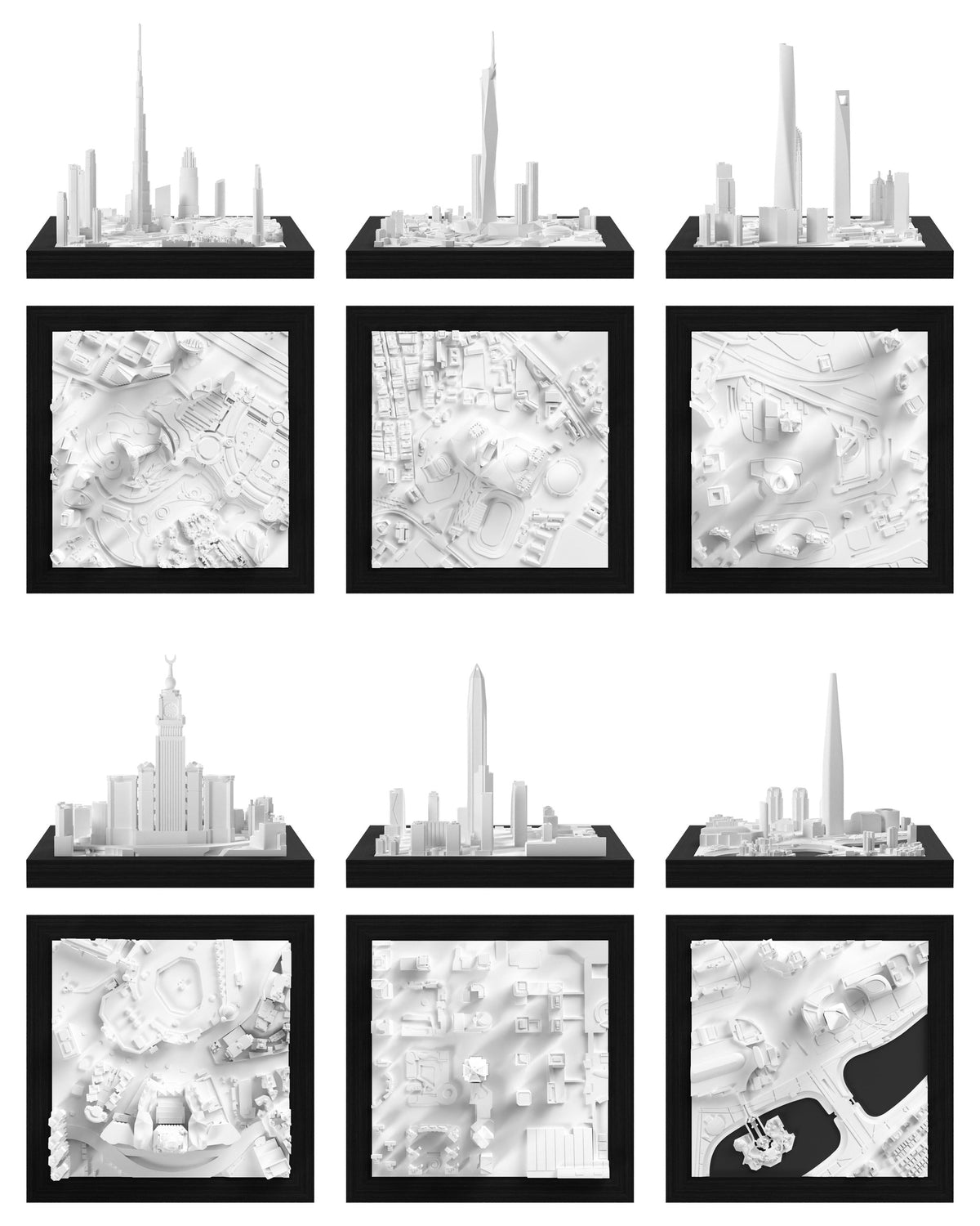 Tallest Buildings Set: Dubai - Burj Khalifa, Kuala Lumpur - Merdeka 118, Shanghai - Financial District, Makkah - Clock Tower, Shenzhen, Seoul - Lotte World CUBE 3D city models - CITYFRAMES